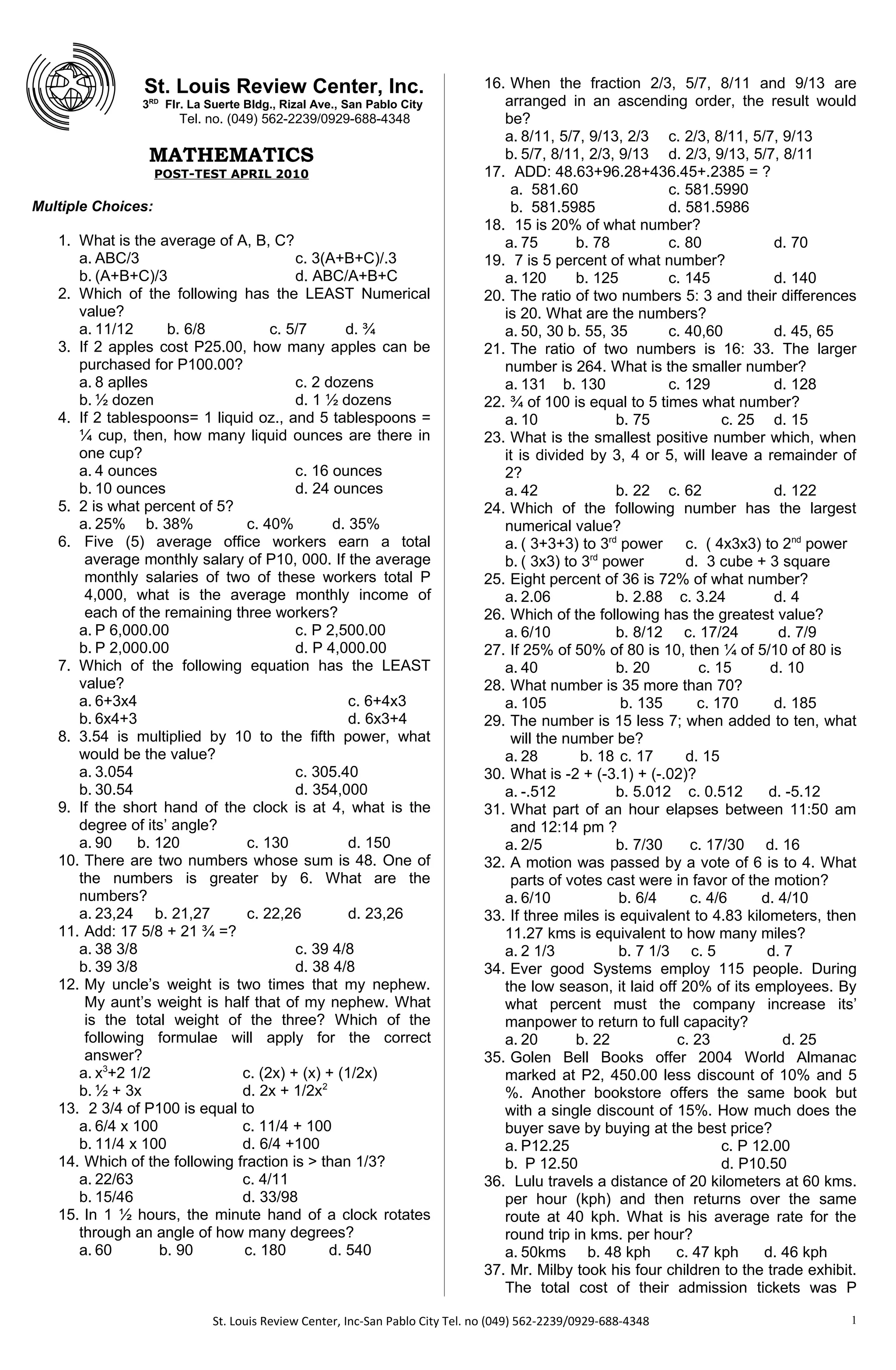 St. Louis Review Center, Inc.
3RD
Flr. La Suerte Bldg., Rizal Ave., San Pablo City
Tel. no. (049) 562-2239/0929-688-4348
MATHEMATICS
POST-TEST APRIL 2010
Multiple Choices:
1. What is the average of A, B, C?
a. ABC/3 c. 3(A+B+C)/.3
b. (A+B+C)/3 d. ABC/A+B+C
2. Which of the following has the LEAST Numerical
value?
a. 11/12 b. 6/8 c. 5/7 d. ¾
3. If 2 apples cost P25.00, how many apples can be
purchased for P100.00?
a. 8 aplles c. 2 dozens
b. ½ dozen d. 1 ½ dozens
4. If 2 tablespoons= 1 liquid oz., and 5 tablespoons =
¼ cup, then, how many liquid ounces are there in
one cup?
a. 4 ounces c. 16 ounces
b. 10 ounces d. 24 ounces
5. 2 is what percent of 5?
a. 25% b. 38% c. 40% d. 35%
6. Five (5) average office workers earn a total
average monthly salary of P10, 000. If the average
monthly salaries of two of these workers total P
4,000, what is the average monthly income of
each of the remaining three workers?
a. P 6,000.00 c. P 2,500.00
b. P 2,000.00 d. P 4,000.00
7. Which of the following equation has the LEAST
value?
a. 6+3x4 c. 6+4x3
b. 6x4+3 d. 6x3+4
8. 3.54 is multiplied by 10 to the fifth power, what
would be the value?
a. 3.054 c. 305.40
b. 30.54 d. 354,000
9. If the short hand of the clock is at 4, what is the
degree of its’ angle?
a. 90 b. 120 c. 130 d. 150
10. There are two numbers whose sum is 48. One of
the numbers is greater by 6. What are the
numbers?
a. 23,24 b. 21,27 c. 22,26 d. 23,26
11. Add: 17 5/8 + 21 ¾ =?
a. 38 3/8 c. 39 4/8
b. 39 3/8 d. 38 4/8
12. My uncle’s weight is two times that my nephew.
My aunt’s weight is half that of my nephew. What
is the total weight of the three? Which of the
following formulae will apply for the correct
answer?
a. x3
+2 1/2 c. (2x) + (x) + (1/2x)
b. ½ + 3x d. 2x + 1/2x2
13. 2 3/4 of P100 is equal to
a. 6/4 x 100 c. 11/4 + 100
b. 11/4 x 100 d. 6/4 +100
14. Which of the following fraction is > than 1/3?
a. 22/63 c. 4/11
b. 15/46 d. 33/98
15. In 1 ½ hours, the minute hand of a clock rotates
through an angle of how many degrees?
a. 60 b. 90 c. 180 d. 540
16. When the fraction 2/3, 5/7, 8/11 and 9/13 are
arranged in an ascending order, the result would
be?
a. 8/11, 5/7, 9/13, 2/3 c. 2/3, 8/11, 5/7, 9/13
b. 5/7, 8/11, 2/3, 9/13 d. 2/3, 9/13, 5/7, 8/11
17. ADD: 48.63+96.28+436.45+.2385 = ?
a. 581.60 c. 581.5990
b. 581.5985 d. 581.5986
18. 15 is 20% of what number?
a. 75 b. 78 c. 80 d. 70
19. 7 is 5 percent of what number?
a. 120 b. 125 c. 145 d. 140
20. The ratio of two numbers 5: 3 and their differences
is 20. What are the numbers?
a. 50, 30 b. 55, 35 c. 40,60 d. 45, 65
21. The ratio of two numbers is 16: 33. The larger
number is 264. What is the smaller number?
a. 131 b. 130 c. 129 d. 128
22. ¾ of 100 is equal to 5 times what number?
a. 10 b. 75 c. 25 d. 15
23. What is the smallest positive number which, when
it is divided by 3, 4 or 5, will leave a remainder of
2?
a. 42 b. 22 c. 62 d. 122
24. Which of the following number has the largest
numerical value?
a. ( 3+3+3) to 3rd
power c. ( 4x3x3) to 2nd
power
b. ( 3x3) to 3rd
power d. 3 cube + 3 square
25. Eight percent of 36 is 72% of what number?
a. 2.06 b. 2.88 c. 3.24 d. 4
26. Which of the following has the greatest value?
a. 6/10 b. 8/12 c. 17/24 d. 7/9
27. If 25% of 50% of 80 is 10, then ¼ of 5/10 of 80 is
a. 40 b. 20 c. 15 d. 10
28. What number is 35 more than 70?
a. 105 b. 135 c. 170 d. 185
29. The number is 15 less 7; when added to ten, what
will the number be?
a. 28 b. 18 c. 17 d. 15
30. What is -2 + (-3.1) + (-.02)?
a. -.512 b. 5.012 c. 0.512 d. -5.12
31. What part of an hour elapses between 11:50 am
and 12:14 pm ?
a. 2/5 b. 7/30 c. 17/30 d. 16
32. A motion was passed by a vote of 6 is to 4. What
parts of votes cast were in favor of the motion?
a. 6/10 b. 6/4 c. 4/6 d. 4/10
33. If three miles is equivalent to 4.83 kilometers, then
11.27 kms is equivalent to how many miles?
a. 2 1/3 b. 7 1/3 c. 5 d. 7
34. Ever good Systems employ 115 people. During
the low season, it laid off 20% of its employees. By
what percent must the company increase its’
manpower to return to full capacity?
a. 20 b. 22 c. 23 d. 25
35. Golen Bell Books offer 2004 World Almanac
marked at P2, 450.00 less discount of 10% and 5
%. Another bookstore offers the same book but
with a single discount of 15%. How much does the
buyer save by buying at the best price?
a. P12.25 c. P 12.00
b. P 12.50 d. P10.50
36. Lulu travels a distance of 20 kilometers at 60 kms.
per hour (kph) and then returns over the same
route at 40 kph. What is his average rate for the
round trip in kms. per hour?
a. 50kms b. 48 kph c. 47 kph d. 46 kph
37. Mr. Milby took his four children to the trade exhibit.
The total cost of their admission tickets was P
St. Louis Review Center, Inc-San Pablo City Tel. no (049) 562-2239/0929-688-4348 1
 