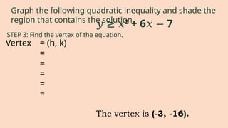 STEP 3: Find the vertex of the equation.
𝑦 ≥ 𝑥2
+ 6 7
𝑥 −
Graph the following quadratic inequality and shade the
region that contains the solution.
Vertex = (h, k)
=
=
=
=
=
The vertex is (-3, -16).
 
