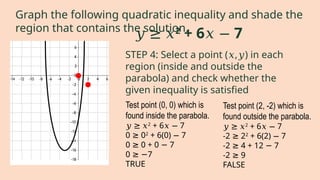 STEP 4: Select a point ( , ) in each
𝑥 𝑦
region (inside and outside the
parabola) and check whether the
given inequality is satisfied
𝑦 ≥ 𝑥2
+ 6 7
𝑥 −
Graph the following quadratic inequality and shade the
region that contains the solution.
Test point (0, 0) which is
found inside the parabola.
𝑦 ≥ 𝑥2
+ 6 7
𝑥 −
0 0
≥ 2
+ 6(0) 7
−
0 0 + 0 7
≥ −
0 7
≥ −
TRUE
Test point (2, -2) which is
found outside the parabola.
𝑦 ≥ 𝑥2
+ 6 7
𝑥 −
-2 2
≥ 2
+ 6(2) 7
−
-2 4 + 12 7
≥ −
-2 9
≥
FALSE
 