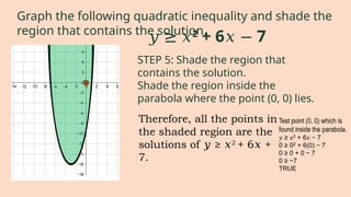 STEP 5: Shade the region that
contains the solution.
Shade the region inside the
parabola where the point (0, 0) lies.
Graph the following quadratic inequality and shade the
region that contains the solution.
Therefore, all the points in
the shaded region are the
solutions of ≥
𝑦 𝑥2
+ 6 +
𝑥
7.
𝑦 ≥ 𝑥2
+ 6 7
𝑥 −
 