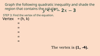 STEP 3: Find the vertex of the equation.
𝑦 < 𝑥2
2 3
− 𝑥 −
Graph the following quadratic inequality and shade the
region that contains the solution.
Vertex = (h, k)
=
=
=
=
=
The vertex is (1, -4).
 