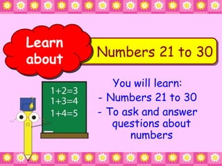 Numbers 21 to 30 ,[object Object],[object Object],[object Object],Learn about 