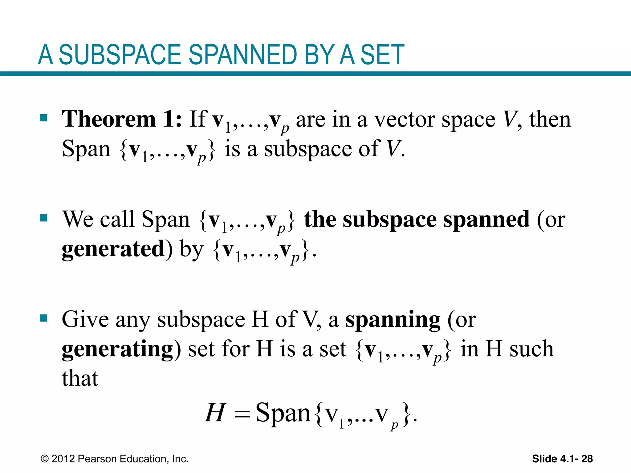 Slide 4.1- 28© 2012 Pearson Education, Inc.
A SUBSPACE SPANNED BY A SET
Theorem 1: If v1,…,vp are in a vector space V, then
Span {v1,…,vp} is a subspace of V.
We call Span {v1,…,vp} the subspace spanned (or
generated) by {v1,…,vp}.
Give any subspace H of V, a spanning (or
generating) set for H is a set {v1,…,vp} in H such
that
.1
Span{v ,...v }p
H
 