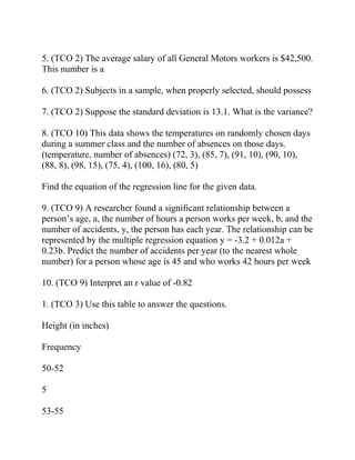 5. (TCO 2) The average salary of all General Motors workers is $42,500.
This number is a
6. (TCO 2) Subjects in a sample, when properly selected, should possess
7. (TCO 2) Suppose the standard deviation is 13.1. What is the variance?
8. (TCO 10) This data shows the temperatures on randomly chosen days
during a summer class and the number of absences on those days.
(temperature, number of absences) (72, 3), (85, 7), (91, 10), (90, 10),
(88, 8), (98, 15), (75, 4), (100, 16), (80, 5)
Find the equation of the regression line for the given data.
9. (TCO 9) A researcher found a significant relationship between a
person’s age, a, the number of hours a person works per week, b, and the
number of accidents, y, the person has each year. The relationship can be
represented by the multiple regression equation y = -3.2 + 0.012a +
0.23b. Predict the number of accidents per year (to the nearest whole
number) for a person whose age is 45 and who works 42 hours per week
10. (TCO 9) Interpret an r value of -0.82
1. (TCO 3) Use this table to answer the questions.
Height (in inches)
Frequency
50-52
5
53-55
 