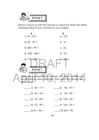 DRAFT
April 10, 2014
103
 
Match column A with the answer in column B. Write the letter
corresponding to your answer on your paper.
A B
1) 72 – 50 = a. 312
2) 63 – 47 = b. 16
3) 200 – 99 = c. 22
4) 500 – 240 = d. 101
5) 712 – 400 = e. 260
Using the compensation method, tell what number you
would add to solve mentally. Then write the answer on
your paper.
______1) 36 – 17 = _____6) 85 – 47 =
______2) 52 – 18 = _____7) 94 – 39 =
______3) 73 – 24 = _____8) 124 – 44 =
______4) 70 – 39 = _____9) 164 – 29 =
______5) 81 – 36 = _____10) 223 – 98
Activity 2
 
Activity 3
 
 