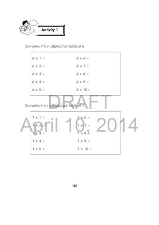 DRAFT
April 10, 2014
120
 
Complete the multiplication table of 6.
6 x 1 = 6 x 6 =
6 x 2 = 6 x 7 =
6 x 3 = 6 x 8 =
6 x 4 = 6 x 9 =
6 x 5 = 6 x 10 =
Complete the multiplication table of 7.
7 x 1 = 7 x 6 =
7 x 2 = 7 x 7 =
7 x 3 = 7 x 8 =
7 x 4 = 7 x 9 =
7 x 5 = 7 x 10 =
Activity 1
 
 