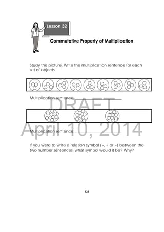 DRAFT
April 10, 2014
131
 
Study the picture. Write the multiplication sentence for each
set of objects.
Multiplication sentence: ________________________
Multiplication sentence: ________________________
If you were to write a relation symbol (>, < or =) between the
two number sentences, what symbol would it be? Why?
Lesson 32
Commutative Property of Multiplication 
 
 
 