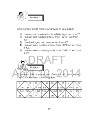 DRAFT
April 10, 2014
219
 
What number am I? Write your answer on your paper.
1) I am an odd number less than 80 but greater than 77.
2) I am an odd number greater than 122 but less than
125.
3) I am the largest odd number less than 600.
4) I am an even number greater than 1 396 but less than
1 400.
5) I am an even number greater than 2 202 but less than
2 205.
Copy the puzzle on your paper. Color the odd numbers red.
Then color the even numbers green.
Activity 2
 
Activity 3
6 12
140 69
3 431 2 296
13382
50 43
5 628 812
247 3 981
39
20 53
435 5 012
3 348 113
25141
4 17
7 985 21
34 1 238
978
 