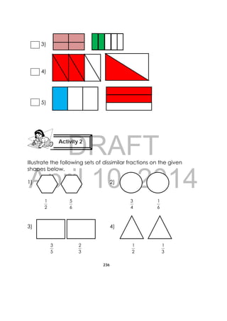 DRAFT
April 10, 2014
236
 
3)
4)
5)
Illustrate the following sets of dissimilar fractions on the given
shapes below.
1) 2)
2
1
6
5
4
3
6
1
3) 4)
5
3
3
2
2
1
3
1
Activity 2
 
 