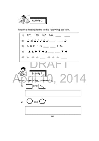 DRAFT
April 10, 2014
287
 
Find the missing terms in the following pattern.
Draw a repeating pattern using
1) and
2) and
Activity 2
 
Activity 3
 
1) 173 170 167 164 ____ ____
2) ♫ ♫ ♫ ♪ ♪ ♫ ♫ ____ ____ ♪
3) A B D E G ____ ____ K M
4) ▲ ▲ ► ▼ ◄ ▲ ____ ____ ▼ ◄
5)    ____    ____
 
 
 