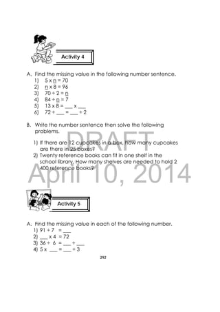DRAFT
April 10, 2014
292
 
A. Find the missing value in the following number sentence.
1) 5 x n = 70
2) n x 8 = 96
3) 70 ÷ 2 = n
4) 84 ÷ n = 7
5) 13 x 8 = ___ x ___
6) 72 ÷ ___ = ___ ÷ 2
B. Write the number sentence then solve the following
problems.
1) If there are 12 cupcakes in a box, how many cupcakes
are there in 25 boxes?
2) Twenty reference books can fit in one shelf in the
school library. How many shelves are needed to hold 2
400 reference books?
A. Find the missing value in each of the following number.
1) 91 ÷ 7 = ___
2) ___ x 4 = 72
3) 36 ÷ 6 = ___ ÷ ___
4) 5 x ___ = ___ ÷ 3
Activity 4
 
Activity 5
 
 