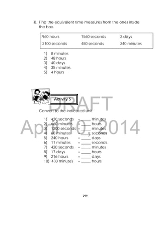 DRAFT
April 10, 2014
299
 
B. Find the equivalent time measures from the ones inside
the box.
1) 8 minutes
2) 48 hours
3) 40 days
4) 35 minutes
5) 4 hours
Convert to the indicated unit.
1) 420 seconds = _____ minutes
2) 660 minutes = _____ hours
3) 1200 seconds = _____ minutes
4) 60 minutes = _____ seconds
5) 240 hours = _____ days
6) 11 minutes = _____ seconds
7) 420 seconds = _____ minutes
8) 17 days = _____ hours
9) 216 hours = _____ days
10) 480 minutes = _____ hours
Activity 5
 
960 hours 1560 seconds 2 days
2100 seconds 480 seconds 240 minutes
 