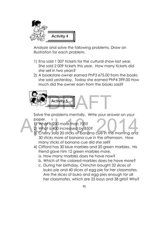 DRAFT
April 10, 2014
75
 
Analyze and solve the following problems. Draw an
illustration for each problem.
1) Ena sold 1 007 tickets for the cultural show last year.
She sold 2 009 tickets this year. How many tickets did
she sell in two years?
2) A bookstore owner earned PhP3 675.00 from the books
she sold yesterday. Today she earned PhP4 399.00 How
much did the owner earn from the books sold?
Solve the problems mentally. Write your answer on your
paper.
1) What is 200 more than 700?
2) What is 400 increased by 850?
3) Cherry sold 20 sticks of banana cue in the morning and
30 sticks more of banana cue in the afternoon. How
many sticks of banana cue did she sell?
4) Clifford has 30 blue marbles and 20 green marbles. His
friend gave him 12 green marbles more.
a. How many marbles does he have now?
b. Which of the colored marbles does he have more?
c. During her birthday, Chinchin bought 32 slices of
buko pie and 40 slices of egg pie for her classmates.
Are the slices of buko and egg pies enough for all
her classmates, which are 25 boys and 38 girls? Why?
Activity 4
Activity 5
 
 