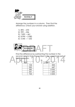 DRAFT
April 10, 2014
89
 
Arrange the numbers in a column. Then find the
difference. Check your answer using addition.
1) 892 – 570
2) 999 – 536
3) 7 892 – 461
4) 8 994 – 3 980
5) 5 345 – 1 232
Find the difference by subtracting the number in the
second column from the number in the uppermost part of
the first column.
1) 2)
984 - 3 769 -
104 503
350 647
582 2 032
261 1 645
743 3 203
Activity 4
Activity 5
 
 