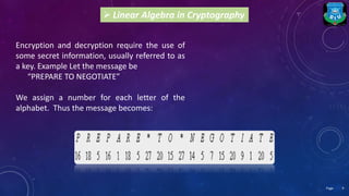  Linear Algebra in Cryptography
Encryption and decryption require the use of
some secret information, usually referred to as
a key. Example Let the message be
“PREPARE TO NEGOTIATE”
We assign a number for each letter of the
alphabet. Thus the message becomes:
9Page
 
