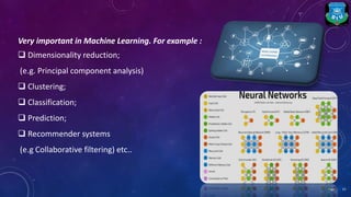 Very important in Machine Learning. For example :
 Dimensionality reduction;
(e.g. Principal component analysis)
 Clustering;
 Classification;
 Prediction;
 Recommender systems
(e.g Collaborative filtering) etc..
13Page
 