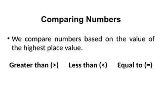Comparing Numbers
• We compare numbers based on the value of
the highest place value.
Greater than (>) Less than (<) Equal to (=)
 