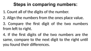 Steps in comparing numbers:
1. Count all of the digits of the number.
2. Align the numbers from the ones place value.
3. Compare the first digit of the two numbers
from left to right.
4. If the first digits of the two numbers are the
same, compare to the next digit to the right until
you found their differences.
 