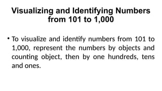Visualizing and Identifying Numbers
from 101 to 1,000
• To visualize and identify numbers from 101 to
1,000, represent the numbers by objects and
counting object, then by one hundreds, tens
and ones.
 