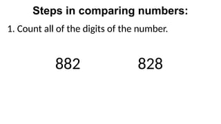 Steps in comparing numbers:
1. Count all of the digits of the number.
882 828
 