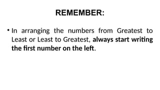 REMEMBER:
• In arranging the numbers from Greatest to
Least or Least to Greatest, always start writing
the first number on the left.
 