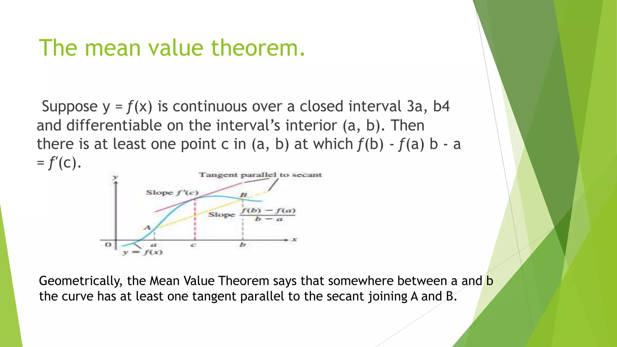 The mean value theorem.
Suppose y = ƒ(x) is continuous over a closed interval 3a, b4
and differentiable on the interval’s interior (a, b). Then
there is at least one point c in (a, b) at which ƒ(b) - ƒ(a) b - a
= ƒ′(c).
Geometrically, the Mean Value Theorem says that somewhere between a and b
the curve has at least one tangent parallel to the secant joining A and B.
 