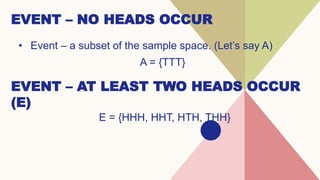 EVENT – NO HEADS OCCUR
• Event – a subset of the sample space. (Let’s say A)
A = {TTT}
EVENT – AT LEAST TWO HEADS OCCUR
(E)
E = {HHH, HHT, HTH, THH}
 