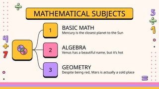 Mercury is the closest planet to the Sun
BASIC MATH
MATHEMATICAL SUBJECTS
1
Venus has a beautiful name, but it’s hot
ALGEBRA
2
Despite being red, Mars is actually a cold place
GEOMETRY
3
 