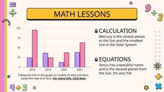 MATH LESSONS
Follow the link in the graph to modify its data and then
paste the new one here. For more info, click here
CALCULATION
Mercury is the closest planet
to the Sun and the smallest
one in the Solar System
EQUATIONS
Venus has a beautiful name
and is the second planet from
the Sun. It’s very hot
 