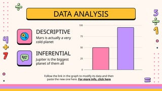 DATA ANALYSIS
Mars is actually a very
cold planet
DESCRIPTIVE
Jupiter is the biggest
planet of them all
INFERENTIAL
Follow the link in the graph to modify its data and then
paste the new one here. For more info, click here
 