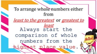 To arrange whole numbers either
from
Always start the
comparison of whole
numbers from the
highest place value.
least to the greatest or greatest to
least
 