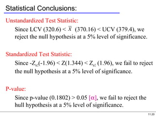 11.20
Statistical Conclusions:
Unstandardized Test Statistic:
Since LCV (320.6) < (370.16) < UCV (379.4), we
reject the null hypothesis at a 5% level of significance.
Standardized Test Statistic:
Since -Zα/2(-1.96) < Z(1.344) < Zα/2 (1.96), we fail to reject
the null hypothesis at a 5% level of significance.
P-value:
Since p-value (0.1802) > 0.05 [α], we fail to reject the
hull hypothesis at a 5% level of significance.
 