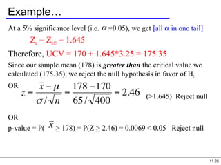 11.25
Example…
At a 5% significance level (i.e. =0.05), we get [all α in one tail]
Zα = Z0.05 = 1.645
Therefore, UCV = 170 + 1.645*3.25 = 175.35
Since our sample mean (178) is greater than the critical value we
calculated (175.35), we reject the null hypothesis in favor of H1
OR
(>1.645) Reject null
OR
p-value = P( > 178) = P(Z > 2.46) = 0.0069 < 0.05 Reject null
 