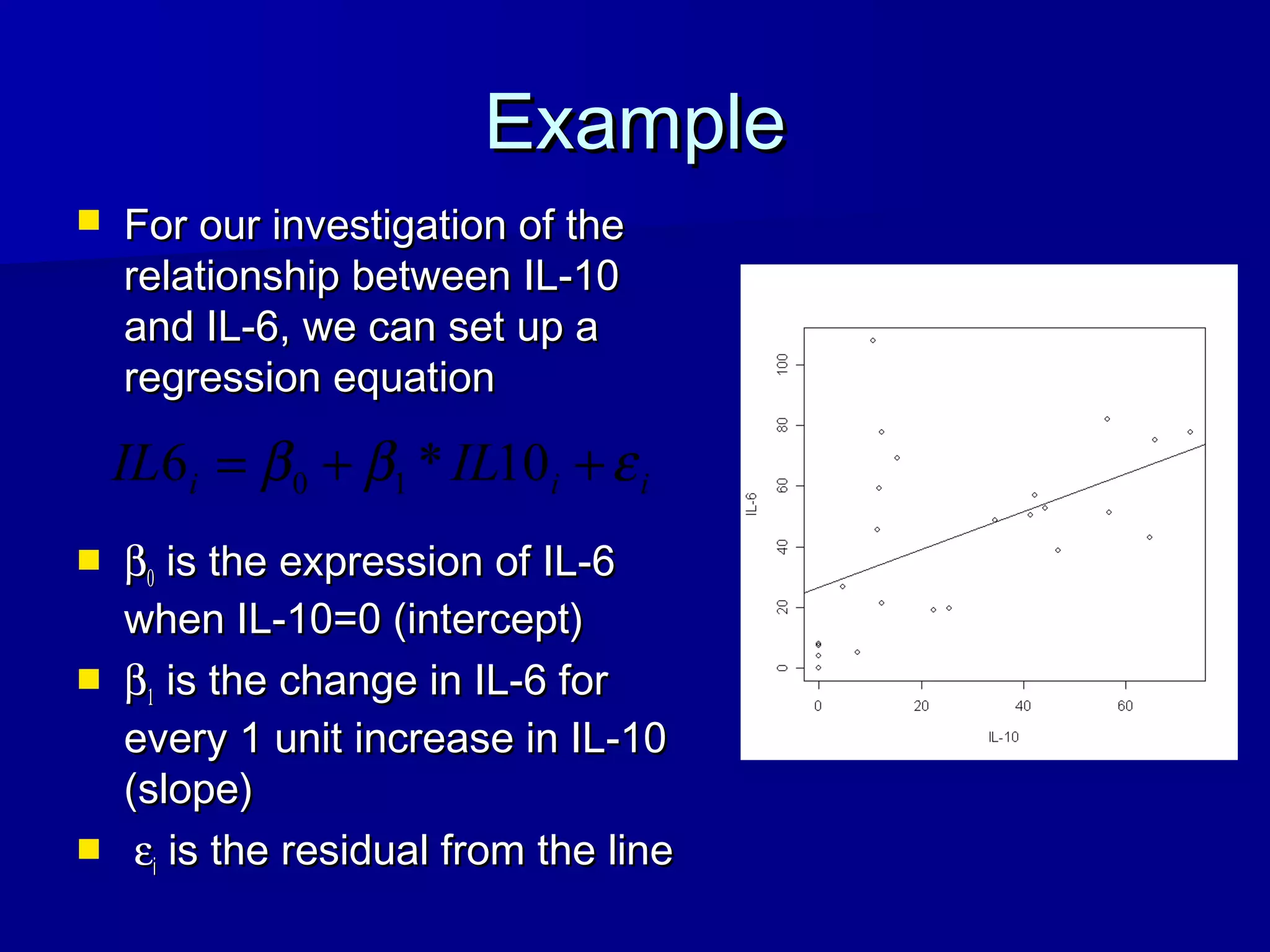ExampleExample
 For our investigation of theFor our investigation of the
relationship between IL-10relationship between IL-10
and IL-6, we can set up aand IL-6, we can set up a
regression equationregression equation
 ββ00 is the expression of IL-6is the expression of IL-6
when IL-10=0 (intercept)when IL-10=0 (intercept)
 ββ11 is the change in IL-6 foris the change in IL-6 for
every 1 unit increase in IL-10every 1 unit increase in IL-10
(slope)(slope)
 εεii is the residual from the lineis the residual from the line
iii ILIL εββ ++= 10*6 10
 