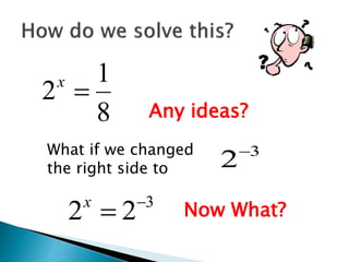 8
1
2 
x
Any ideas?
What if we changed
the right side to
3
2
3
2
2 

x
Now What?
 