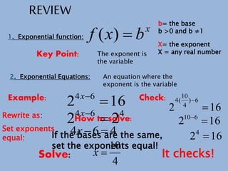 REVIEW
1. Exponential function:
x
b
x
f 
)
(
The exponent is
the variable
Key Point:
b= the base
b >0 and b ≠1
X= the exponent
X = any real number
2. Exponential Equations: An equation where the
exponent is the variable
Example:
16
2 6
4


x
How to solve:
If the bases are the same,
set the exponents equal!
4
6
4
2
2 

x
Rewrite as:
Set exponents
equal:
4
6
4 

x
Solve:
4
10

x
Check:
16
2
6
)
4
10
(
4


16
2 6
10


16
24

It checks!
 