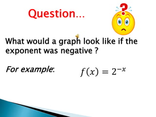 What would a graph look like if the
exponent was negative ?
For example:
Question…
𝑓 𝑥 = 2−𝑥
 