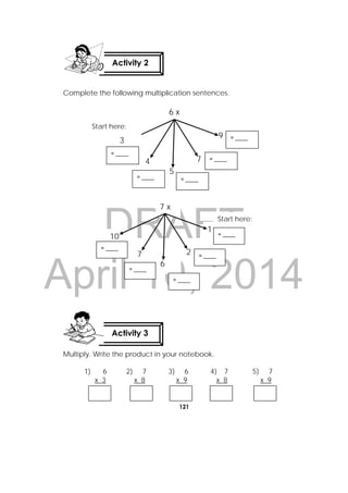 DRAFT
April 10, 2014
121
 
Complete the following multiplication sentences.
Multiply. Write the product in your notebook.
1) 6 2) 7 3) 6 4) 7 5) 7
x 3 x 8 x 9 x 8 x 9
Activity 2
 
Activity 3
 
6 x
4
5
7
9 = ____ 
= ____ 
= ____ = ____ 
Start here:
3
= ____ 
Start here:
7 x
10
7
6
2
1
= ____ 
= ____ 
= ____ 
= ____ 
= ____ 
 