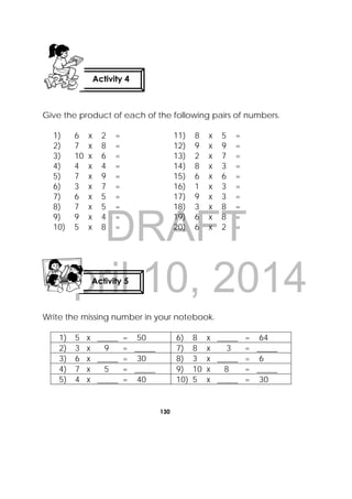 DRAFT
April 10, 2014
130
 
Give the product of each of the following pairs of numbers.
1) 6 x 2 = 11) 8 x 5 =
2) 7 x 8 = 12) 9 x 9 =
3) 10 x 6 = 13) 2 x 7 =
4) 4 x 4 = 14) 8 x 3 =
5) 7 x 9 = 15) 6 x 6 =
6) 3 x 7 = 16) 1 x 3 =
7) 6 x 5 = 17) 9 x 3 =
8) 7 x 5 = 18) 3 x 8 =
9) 9 x 4 = 19) 6 x 8 =
10) 5 x 8 = 20) 6 x 2 =
Write the missing number in your notebook.
1) 5 x _____ = 50 6) 8 x _____ = 64
2) 3 x 9 = _____ 7) 8 x 3 = _____
3) 6 x _____ = 30 8) 3 x _____ = 6
4) 7 x 5 = _____ 9) 10 x 8 = _____
5) 4 x _____ = 40 10) 5 x _____ = 30
Activity 4
 
Activity 5
 
 