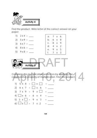 DRAFT
April 10, 2014
134
 
Find the product. Write letter of the correct answer on your
paper.
1) 2 x 4 = ____
2) 5 x 9 = ____
3) 6 x 7 = ____
4) 8 x 6 = ____
5) 9 x 8 = ____
Complete the multiplication sentences by applying the
commutative property of multiplication. Find the product.
1) 5 x 8 = x = _____
2) 6 x 7 = x 6 = _____
3) 7 x 9 = 9 x = _____
4) x 6 = 6 x 4 = _____
5) 3 x = 9 x 3 = _____
6) x = 7 x 2 = _____
Activity 4
 
Activity 5
 
a. 7 x 6
b. 6 x 8
c. 8 x 9
d. 4 x 2
e. 9 x 5
f. 7 x 3
 
