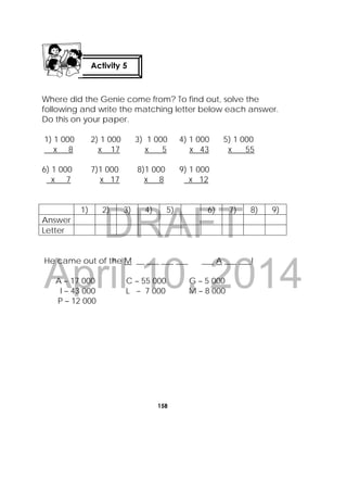 DRAFT
April 10, 2014
158
 
Where did the Genie come from? To find out, solve the
following and write the matching letter below each answer.
Do this on your paper.
1) 1 000 2) 1 000 3) 1 000 4) 1 000 5) 1 000
x 8 x 17 x 5 x 43 x 55
6) 1 000 7)1 000 8)1 000 9) 1 000
x 7 x 17 x 8 x 12
1) 2) 3) 4) 5) 6) 7) 8) 9)
Answer
Letter
He came out of the M __ ___ ___ ___ ___ A ___ ___!
A – 17 000 C – 55 000 G – 5 000
I – 43 000 L – 7 000 M – 8 000
P – 12 000
Activity 5
 
 