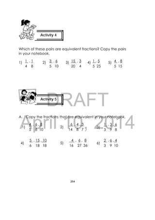 DRAFT
April 10, 2014
254
 
Which of these pairs are equivalent fractions? Copy the pairs
in your notebook.
1) 2) 3) 4) 5)
A. Copy the fractions that are equivalent in your notebook.
Activity 4
 
Activity 5
 
1 , 1
4 8
3 , 6
5 10
15 , 3
20 4
1 , 5
5 25
4 , 8
5 15
4 , 6 , 8
5 8 10
1)
5 , 15 , 10
6 18 18
4)
4 , 6 , 8
16 27 36
5)
6 , 4 , 3
14 8 7
2)
1 , 3 , 6
3 9 8
3)
2 , 6 , 4
3 9 10
6)
 