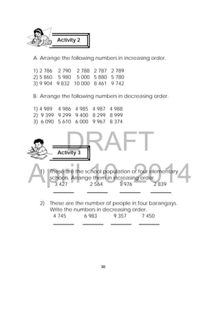 DRAFT
April 10, 2014
30
 
A. Arrange the following numbers in increasing order.
1) 2 786 2 790 2 788 2 787 2 789
2) 5 860 5 980 5 000 5 880 5 780
3) 9 904 9 832 10 000 8 461 9 742
B. Arrange the following numbers in decreasing order.
1) 4 989 4 986 4 985 4 987 4 988
2) 9 399 9 299 9 400 8 299 8 999
3) 6 090 5 610 6 000 9 967 8 374
1) These are the school population of four elementary
schools. Arrange them in increasing order.
3 427 2 564 1 976 2 839
________ ________ ________ ________
2) These are the number of people in four barangays.
Write the numbers in decreasing order.
4 745 6 983 9 357 7 450
________ ________ ________ ________
Activity 2
 
Activity 3
 
 