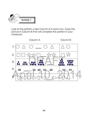 DRAFT
April 10, 2014
286
 
Look at the pattern under Column A in each row. Copy the
picture in Column B that will complete the pattern in your
notebook.
Column A Column B
48 _____ 56 60 64 68 52 54
Activity 1
 
1)
2)
3)
4)
5)
 