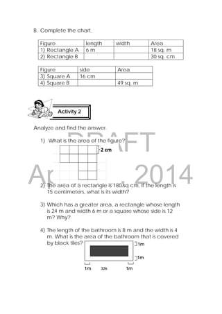 DRAFT
April 10, 2014
326
 
B. Complete the chart.
Figure length width Area
1) Rectangle A 6 m 18 sq. m
2) Rectangle B 30 sq. cm
Figure side Area
3) Square A 16 cm
4) Square B 49 sq. m
Analyze and find the answer.
1) What is the area of the figure?
2) The area of a rectangle is 180 sq cm. If the length is
15 centimeters, what is its width?
3) Which has a greater area, a rectangle whose length
is 24 m and width 6 m or a square whose side is 12
m? Why?
4) The length of the bathroom is 8 m and the width is 4
m. What is the area of the bathroom that is covered
by black tiles?
Activity 2
 
2 cm
1m
1m
1m 1m
 