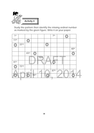 DRAFT
April 10, 2014
38
 
Study the pattern then identify the missing ordinal number
as marked by the given figure. Write it on your paper.
1st 7th
11th
22nd
40th
43rd
55th
61st
72nd
87th
94th
Activity 4
 
 