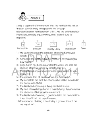 DRAFT
April 10, 2014
369
 
Study a segment of the number line. The number line tells us
that an event is likely to happen or not through
representation of numbers from 0 to 1. Are the events below
impossible, unlikely, equally likely, most likely or sure to
happen?
1) Ms. Banasihan said the chances of having homework
tonight is ¾.
2) Anna said the likelihood of her mother’s having a baby
boy was ½.
3) Since Karen has been grounded this week, she said the
chance of her watching TV tonight was ¼
4) The likelihood of your mathematics book talking to you
today is 0.
5) The chance that all pupils will join the fieldtrip is 1.
6) My friend told me that the chances he will be included in
the honor roll is 50/50.
7) The likelihood of seeing a flying elephant is zero.
8) My dad always brings home a pasalubong, this afternoon
the chances of bringing ice cream is ¾ .
9) The likelihood of winning a gold medal in the competition
is less than ½ but not equal to zero.
10)The chances of riding a bus today is greater than ½ but
not equal to 1.
Activity 3
 
0 11/2
Impossible Unlikely Equally Likely Most Likely Sure
1/4 3/4
 