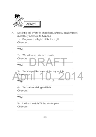 DRAFT
April 10, 2014
370
 
A. Describe the event as impossible, unlikely, equally likely,
most likely and sure to happen.
1) If my mom will give birth, it is a girl.
Chances:
_________________________________________________
Why:
_________________________________________________
2) We will have rain next month.
Chances:
_________________________________________________
Why:
_________________________________________________
3) The stars will be seen at the sky tonight.
Chances:
_________________________________________________
Why:
_________________________________________________
4) The cats and dogs will talk.
Chances:
_________________________________________________
Why:
__________________________________________________
5) I will not watch TV the whole year.
Chances:
_________________________________________________
Activity 4
 
 