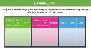 EXAMPLE #3
Aling Maria won the bingo game amounting to 250,000 pesos and her friend Aling Jana got
the jackpot prize of 1,555,125 pesos.
Let us put those numbers in the chart!
 