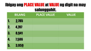 Ibigay ang PLACE VALUE at VALUE ng digit na may
salungguhit.
BILANG PLACE VALUE VALUE
1. 2,785
2. 4,707
3. 8,941
4. 7,586
5. 3,959
 